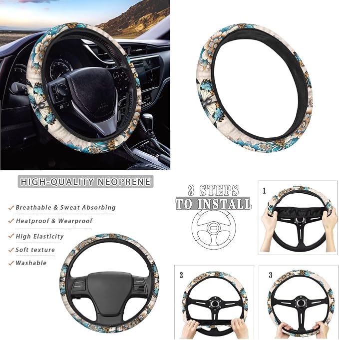 Boho Mandala Butterfly Pattern Car Accessories Set of 13, Front and Rear Seat Covers Full Set, Soft Steering Wheel Cover, Safe Belt Covers, Coasters, Wear Resisting Interior Covers
