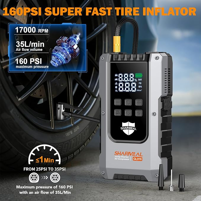 6000A Jump Starter with Air Compressor 160PSI Tire Inflator, 12V Car Battery Fast Charge Portable Jump Starter for All Gas/10L Diesel, Jump Box Pack with 3 Modes Flashlight and Jumper Cables
