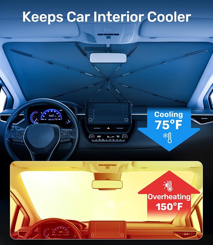 Zanch 2026 Upgraded Car Windshield Sun Shade [Cool Down by 75℉ ] with Heat Insulation Coating, Foldable Sunshade Umbrella with Flexible Handle & Ribs, Large (34''x61'') for Large SUV, Truck, Van