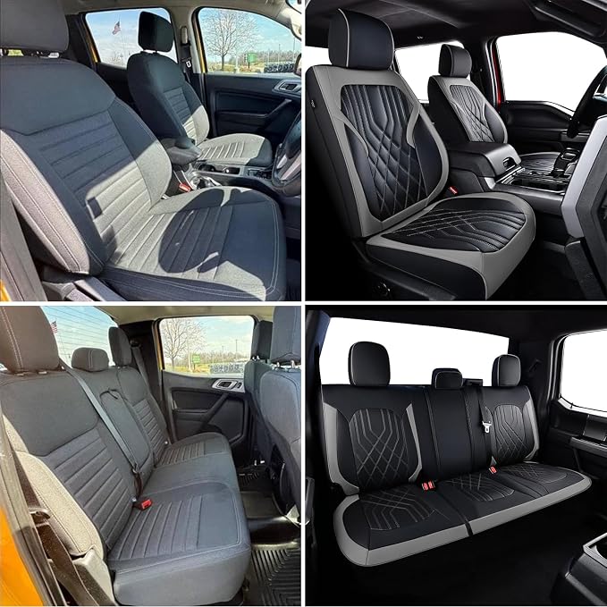 Ranger Seat Covers, for 2019-2025 Ford Ranger XLT XL Lariat Crew Cab, Napa Leather Seat Protector (Full Set, Black&Gray)