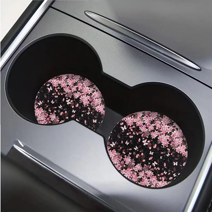BIGCARJOB Cherry Blossom Car Seat Cover Set for Women Auto Interior Accessories Pink Flower Print Car Seat Protective Universal Steering Wheel Covers Armrest Pads,Universal Fit