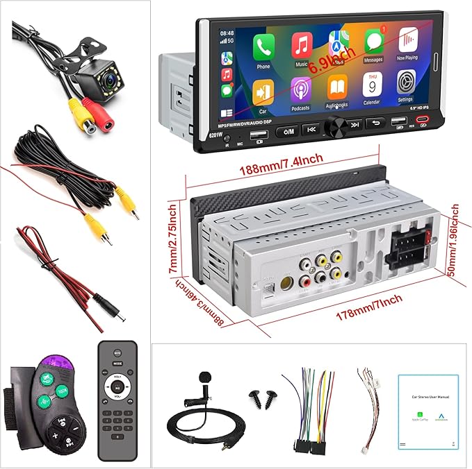 Wireless Apple CarPlay, Single DIN Car Radio, Car Stereo with 6.86" HD IPS Touchscreen, Bluetooth 5.2, Android Auto, Dual USB & Fast Charging, Backup Camera, FM Radio, DSP EQ Audio Subwoofer