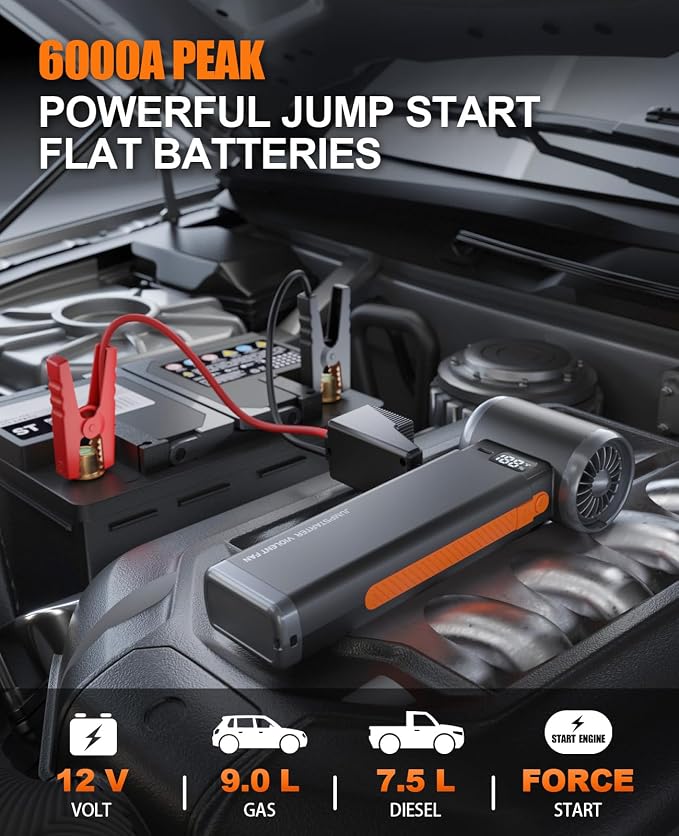6000A Car Battery Jump Starter Portable Jumper Box Combo Compressed Air Duster & Vacuum Cleaner Function, 12V Battery Charger Booster Power Pack with Turbo Fan(Deep Gray)