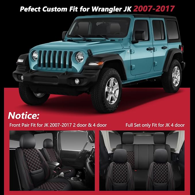 Wrangler Seat Covers 2007-2017 Front Pair, Waterproof Leather Interior Sets with Lumbar Support Custom Fit for Jeep Wrangler JK 2/4 Door Unlimited Sahara/Sport/Rubicon X 392 Willys, Black Red