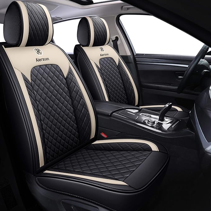 Aierxuan Front Seat Covers for Cars Leather Waterproof Universal Fit for Kia Soul Sorento Optima Sporage Mazda Toyota Chr Prius Venza Fj Cruiser Jeep Wrangler(2 PCS Front, Black-Beige)