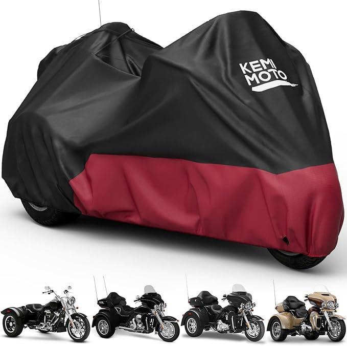 KEMIMOTO Heavy Duty 3 Wheel 420D Motorcycle Cover with Antenna Opening Compatible with Trike Models Freewheeler Tri Glide Ultra Goldwings Cover Waterproof Impermeable Outdoor All Weather Protection