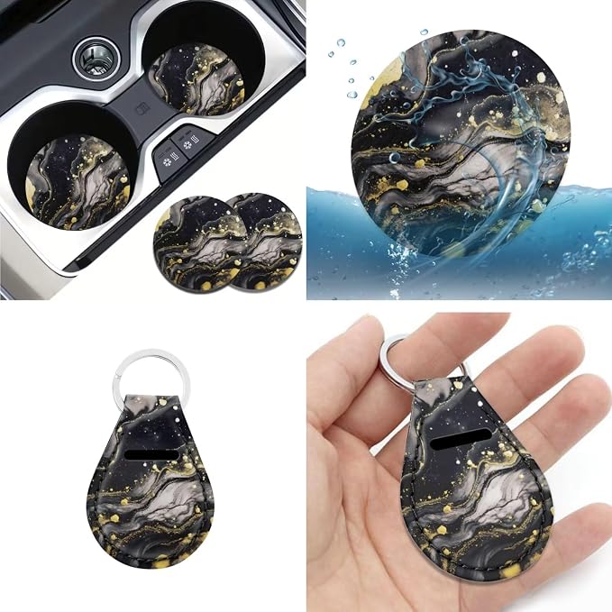Black Marble Auto Seat Covers 12pcs Full Set Car Accessory Universal Fit Car Seatbelt Pads Steering Wheel Cover Armrest Cushion Keychain Marble Coaster for Car Durable Auto Interior Protector