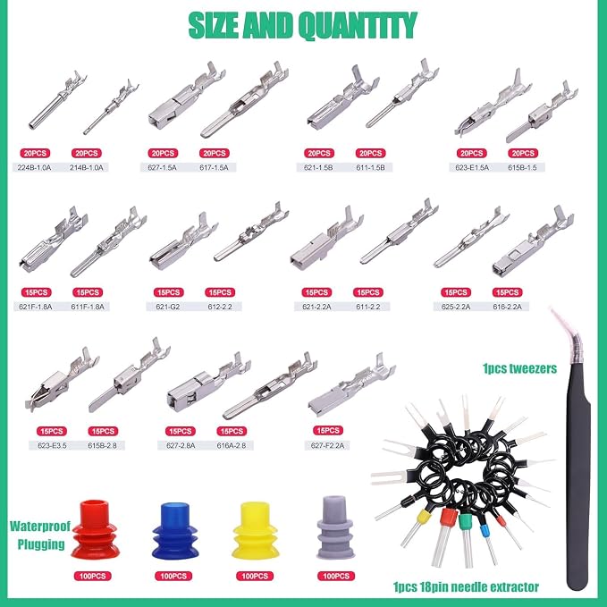 Twidec/755PCS Car Electrical Wire Terminal Pins Connector Kit 21Type 1/1.5/1.8/2.2/2.8/3.5mm Auto Electric Connector Pins Terminal Non-Insulated Plug Removal Male Female Crimp Pins