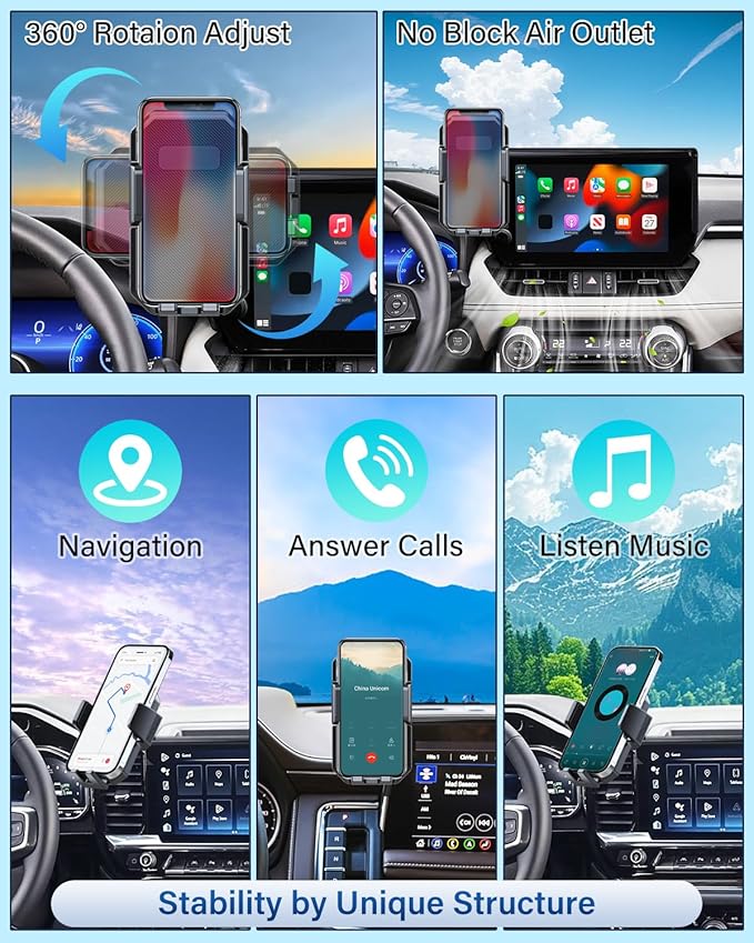 PZK Car Phone Mount for Toyota RAV4 2019-2025 Hybrid LE/XLE/Premium Accessories 7/8-Inch Screen 360° Rotation Smart Phone Cradles Auto Lock Cell Phone Holder Not Affect Air Vent (Not Fit 9/10.5 inch)