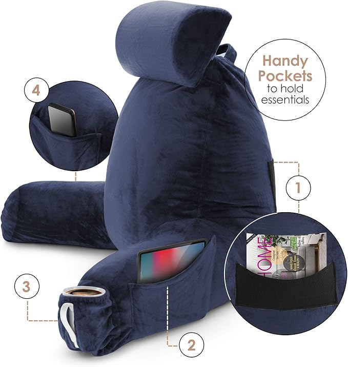 Nestl Reading Pillow with Shredded Memory Foam Includes 2 Neck and Lumber Support Pillows, Designed for Sitting Up in Bed and Couch, Back and Arms Adjustable Support for Adult & Teens, Navy Blue
