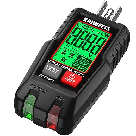 KAIWEETS GFCI Outlet Tester with LCD Display, 3-Prong Receptacle Wiring Detector, Voltage Socket Checker, Auto Hold, Electrical Diagnostic Tool for 120V AC Home Outlets