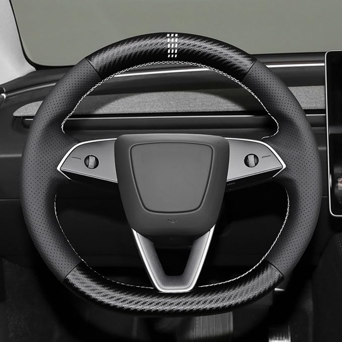 MEWANT Black Matte PU Carbon Fiber Faux Leather Steering Wheel Wrap for Tesla Model3 Highland 2025 Model Y Juniper 2025