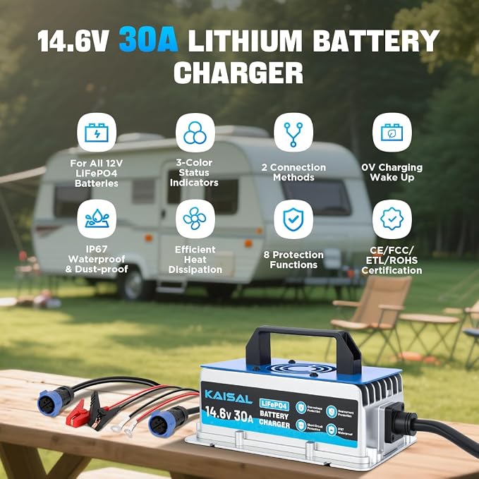 12V 30A Lithium Battery Charger 14.6V LiFePO4 Battery Charger IP67 Waterproof & 0V Wake Up 12 Volt Lithium Charger with 2 Connectors, 8 Protections for 12.8V LiFePO4 Battery of RV, Boat, Solar, Marine