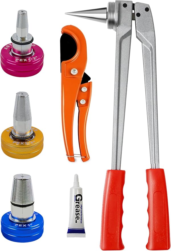 AMZCNC PEX Pipe Expansion Tool Kit Manual Expander Tool Kit ASTM F1960 Standard PEX Expansion Tool Kit with 1/2", 3/4", and 1" Expansion Heads for PEX-a Piping - Includes Pipe Cutting Tool