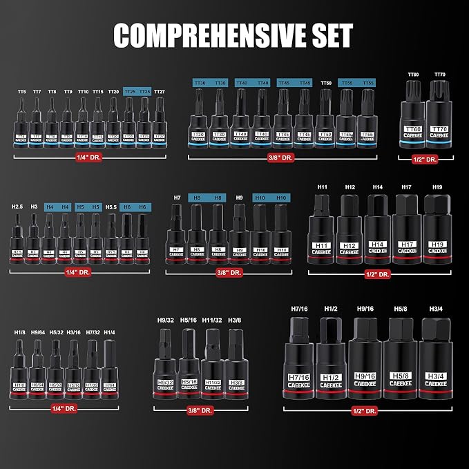 105PCS Master Allen and Torx Bit Socket Set, Hex/Torx/E-Torx Bit Set, 1/4", 3/8" & 1/2" Drive, CR-V & S2 Steel, Includes Socket Adapters, Storage Case