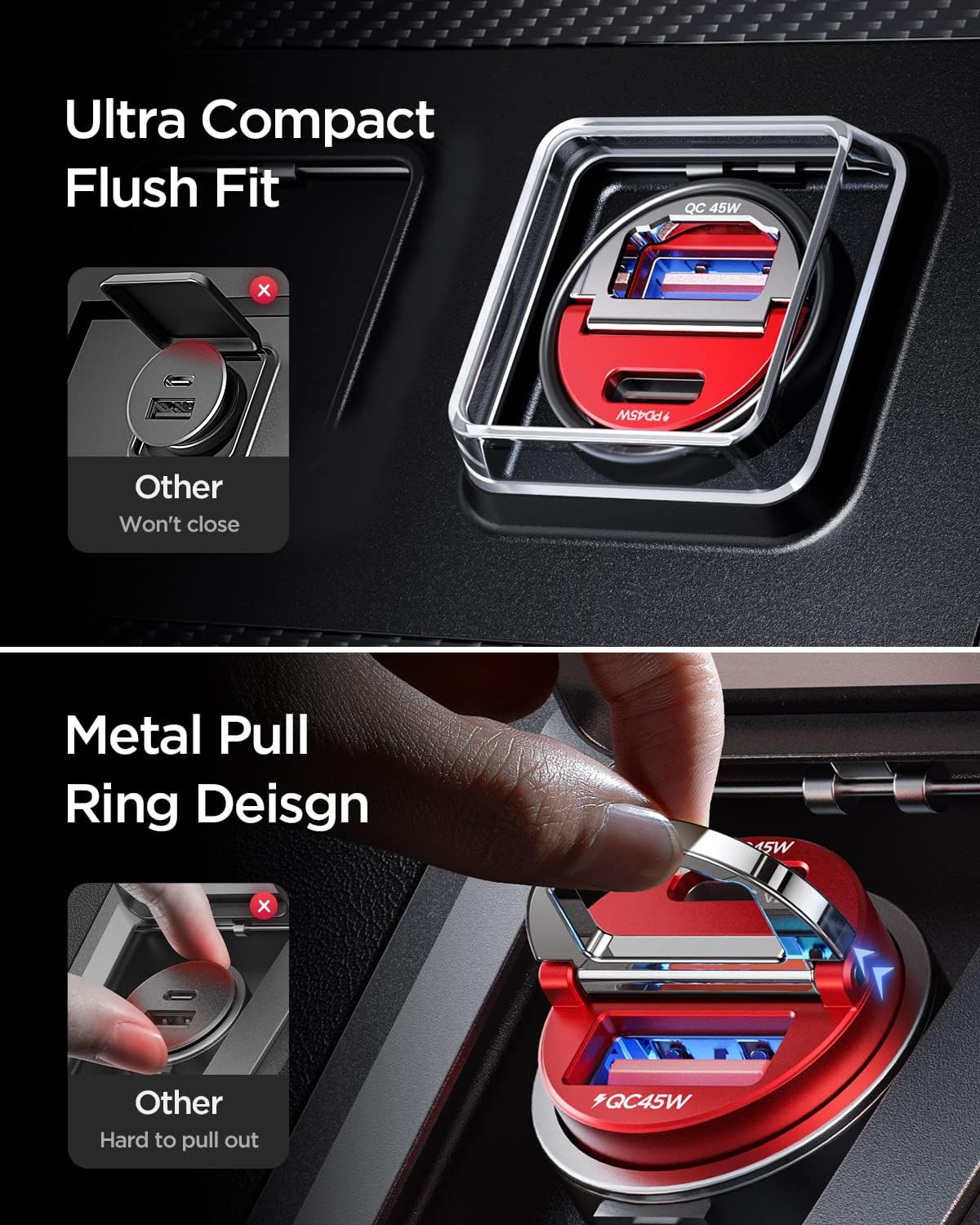 MRGLAS 90W USB C Car Charger Fast Charge, PD45W & QC45W, Flush Fit, Extra 3.3ft Type C Cable, All Metal, Cigarette Lighter USB Charger for iPhone 16 15 Pro Samsung S25 S24 S23 Ultra Pixel 8/8Pro/7-Red