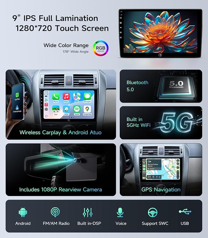 5G WiFi Android Car Stereo for Toyota Corolla 2008 2009 2010 2011 2012, 9 Inch IPS HD Touch Screen Car Radio Wireless CarPlay Android Auto, GPS FM/SWC Bluetooth 1080P Backup Camera