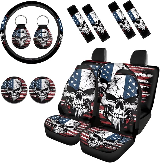 Howilath American Flag Skull Car Seat Cover Full Set 13 Piece Anti-Slip Front Back Seat Covers with Auto Steering Wheel Pads/Seat Belt Cushion/Keychains/Cup Mat Accessories Interior Decor