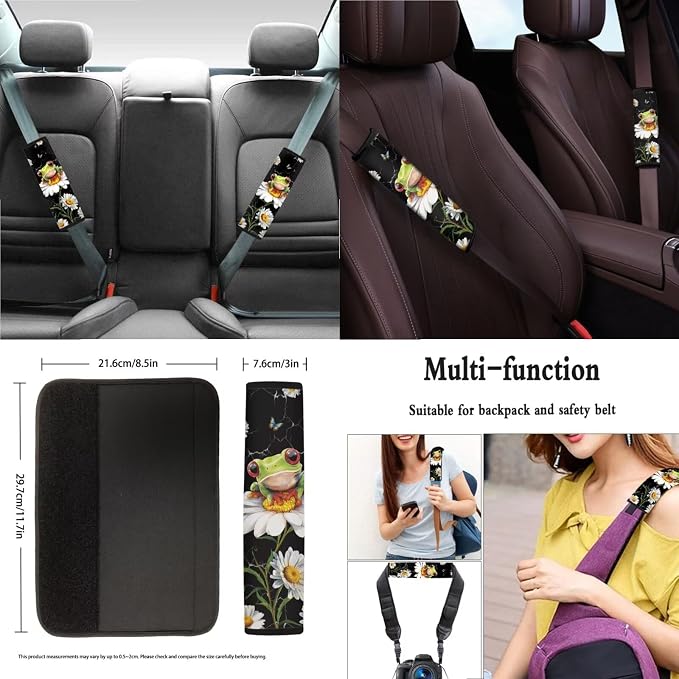 Suobstales Frog Daisy Marble Print Car Seat Covers Front Back Split Bench Protector for SUV Truck Van, 15 Inch Steering Wheel Covers, Seat Belt Covers, Coasters, Keychain Auto Decor for Women Men