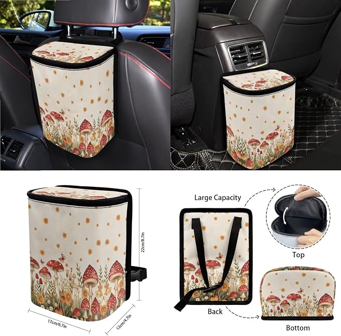 Cottagecore Mushroom Butterfly Daisy Car Seat Covers 15Pcs Full Set Car Steering Wheel Cover Seat Belt Cover Trash Bin Air Vent Storage Box Rear View Mirror Car Cup Holder Keychain