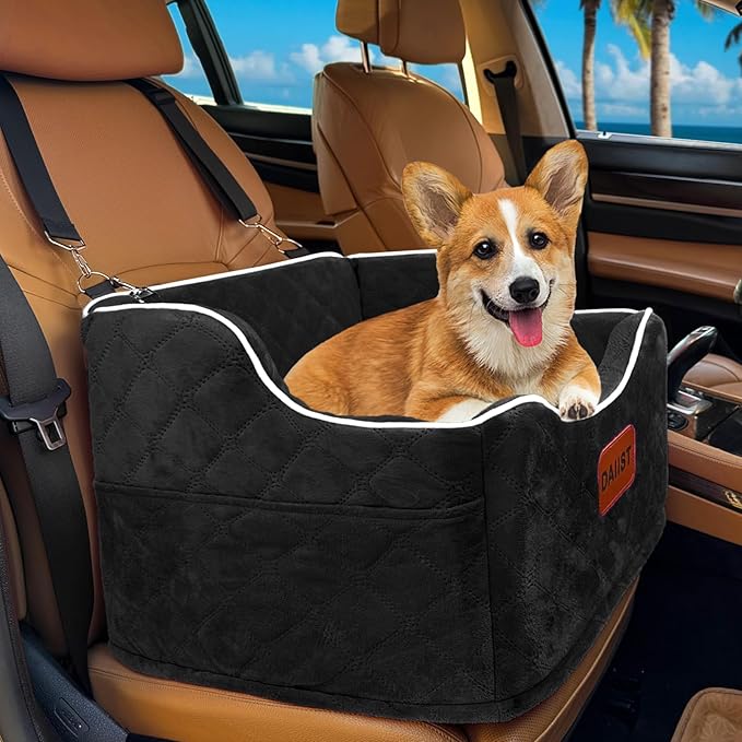 Dog Car Seat for Small Medium Dogs, Detachable Washable Dogs Booster Seat Under 35lbs, Elevated Dog Car Bed with Storage Pockets (Black, One Size)