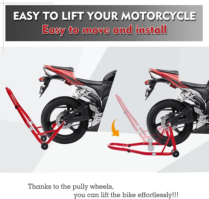 Donext Motorcycle Stand 850LB Sport Bike Rear Wheel Lift Swingarm Paddock Stands Red, Fit for BMW Yamaha Honda Kawasaki Suzuki, with U+L Forks