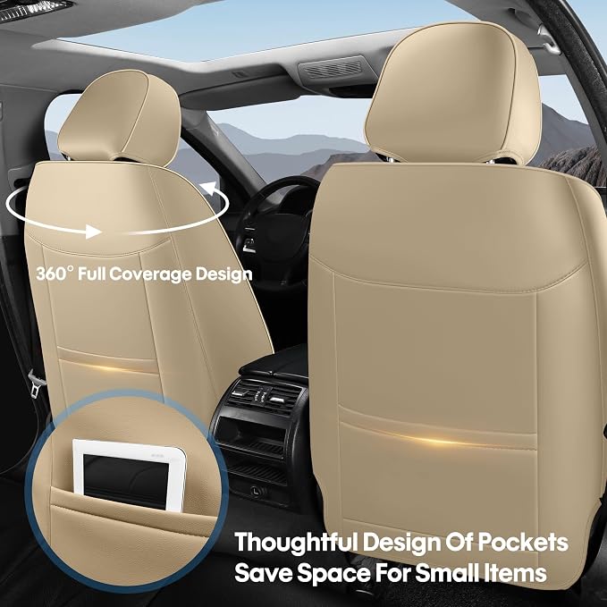 Pickup Seat Covers Custom Fit for Dodge Ram 1500/2500/3500 2002-2026 Faux Leather Seat Cover Set Compatible with Crew, Regular, Quad, Mega Cab, Waterproof Car Truck Cushions (Beige, Flat, Full Set)