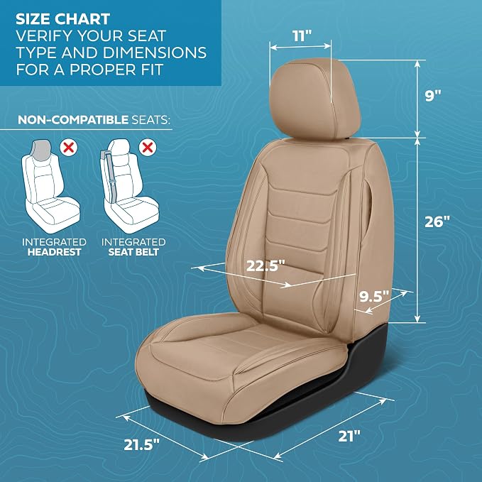 MotorBox Elite Edition Faux Leather Seat Covers for Cars, Trucks, & SUV - 2 Beige Car Seat Covers for Front Seats - Universal Fit Car Accessories Automotive Interior Cover Protector for Most Vehicles