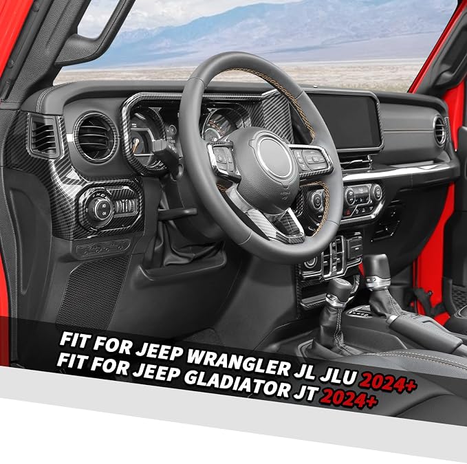Jimen Fit for Jeep Wrangler JL JLU Gladiator JT 2024-2025, 15PCS Carbon Fiber Interior Kits - Dashboard Navigation Screen Trim, Dash Air Vent Ring, Window Button Panel, Headlight Switch Frame