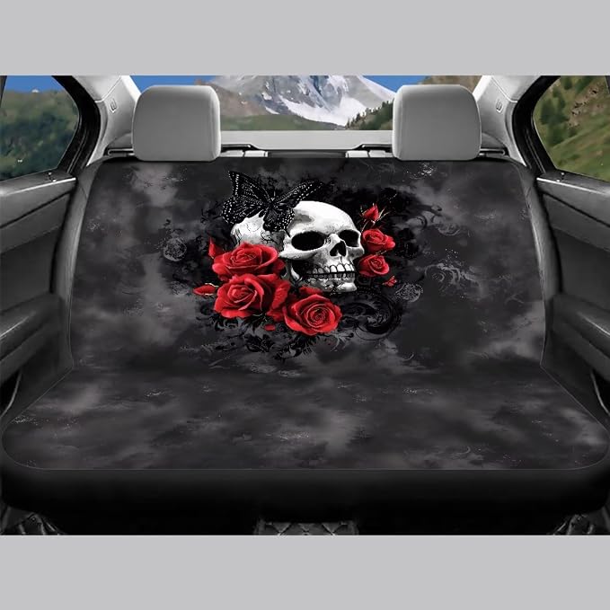Red Rose Flowers Skull Universal 13 Pieces Auto Accessories Set, Seat Covers Full Set/Seatbelt Pads/Steering Wheel Covers/Coasters/Keyrings,for Most Cars Trucks Suvs