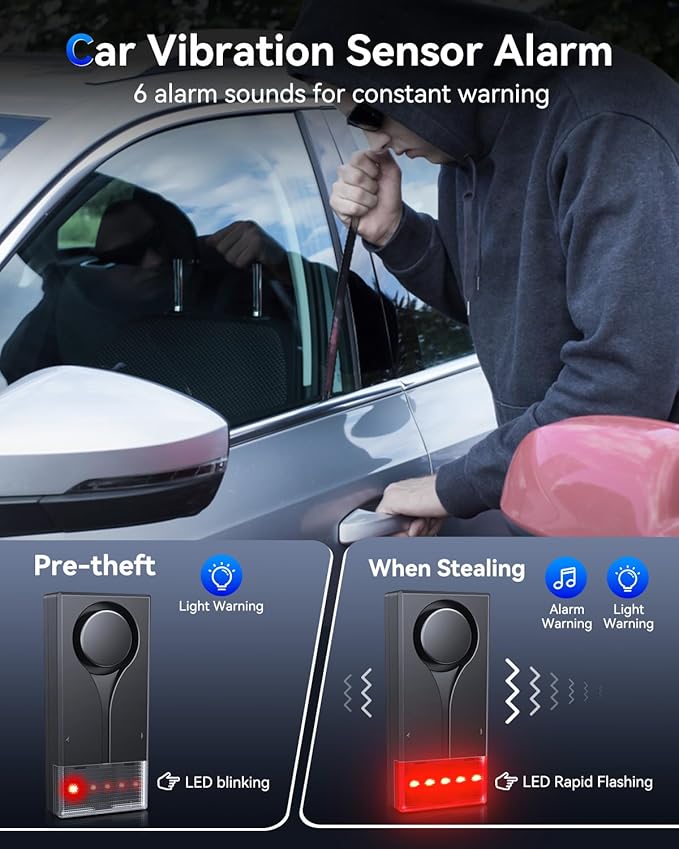 108dB Car Alarm System, Car Anti-Theft Vibration Sensor Alarm & Red Light, Wireless Remote Anti Theft Vehicle Device with Magnetic Install Design for RV, SUV, Truck