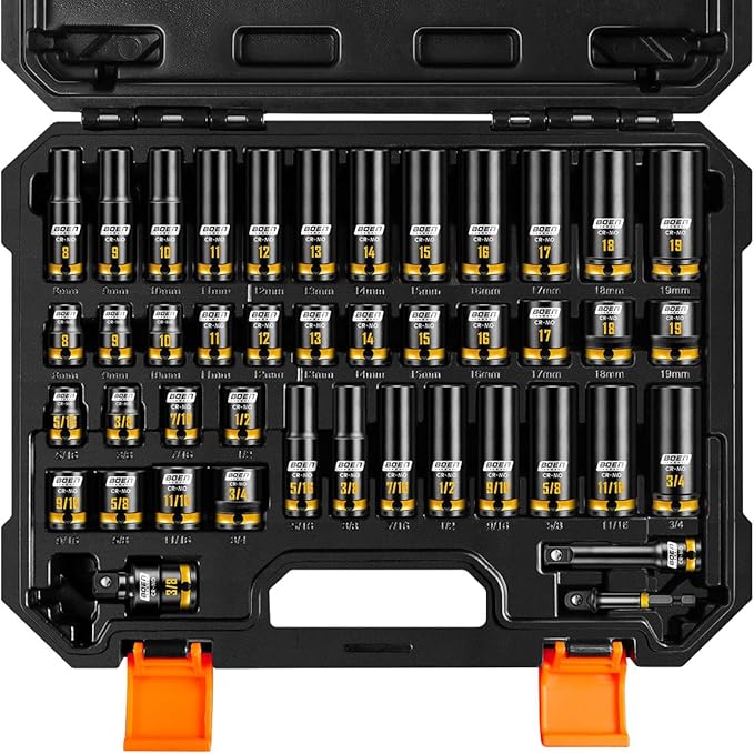 BOEN Pro 51PCS 3/8" Drive Impact Socket Set, 43-Piece SAE(5/16"-3/4") & Metric(8-19mm) set, 6-Point Deep & Shallow Kit, 1/4" 3/8" 1/2" 3/4" Drive Socket Adapter Set with Durable Case