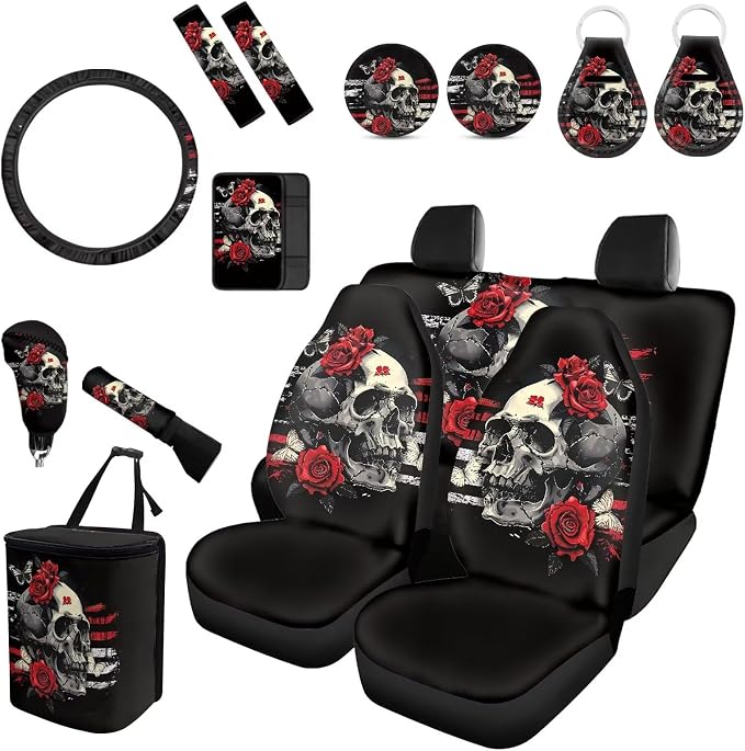 Forchrinse Skull Rose Car Seat Cover Full Set with Steering Wheel Cover Armrest Shoulder Pads Handbrake Gear Cover Garbage Can,Universal Auto Interior Accessories Set 15pcs for Women