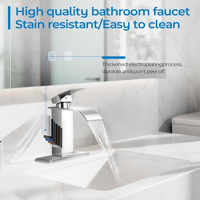 Chrome Bathroom Faucets, Waterfall Bathroom Sink Faucet Modern Single Handle Bathroom Faucte 1 or 3 Hole, RV Mixer Tap Vanity Faucet - Includes Pop-up Drain Supply Hoses Deck Plate