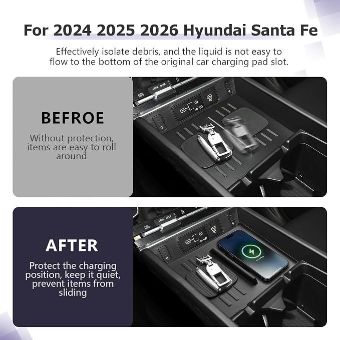 LUWU 2026 Santa Fe Wireless Charging Anti-Slip Mat Compatible with 2024 2025 2026 Santa Fe Accessories Silicone Protective Pad Liner Protective Pad Center Console Phone Charger Liner Mat Black