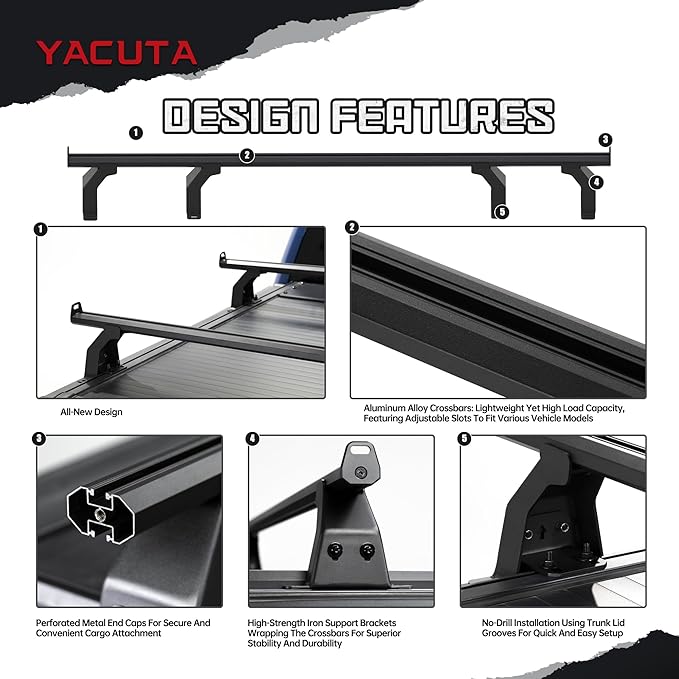Adjustable Truck Bed Rack Cross Bars,Compatible with Mid-Size Trucks with Retractable Hard Tonneau Covers|Length 65"|2PCs|Made of high-Strength Aluminum Alloy