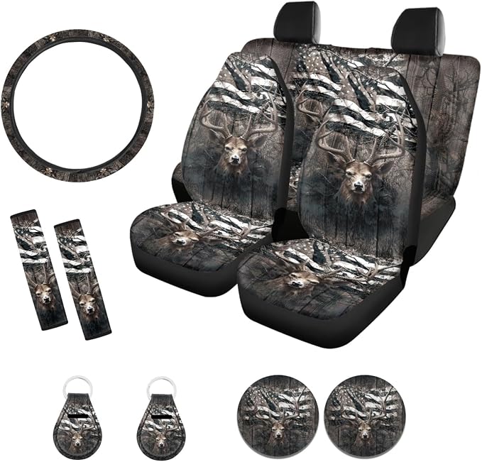 Suobstales Deer American Flag Print Car Accessories for Women Seat Covers Set with Universal Steering Wheel Cover Seatbelt Pads, Cup Holder Coasters, Keychain Fits SUV Trunk Sedan