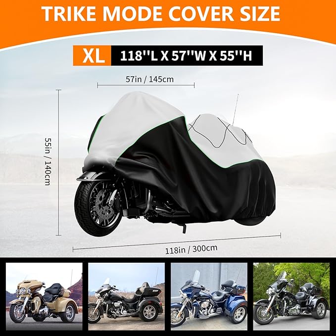 COVERVIN Trike Cover Waterproof, Heavy Duty 3 Wheel Motorcycle Cover for Harley Honda Goldwing Freewheeler Tri Glide Ultra, with Antenna Zipper, Windproof Buckles & Reflective Strips (Black&Silver)