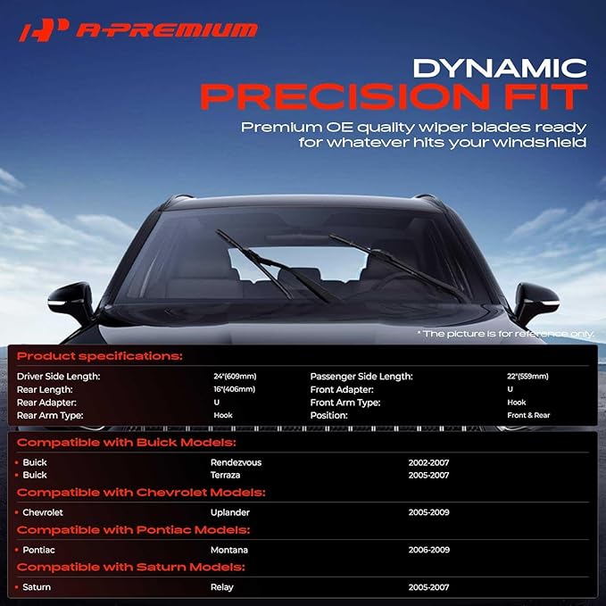 A-Premium 24"+22"+16" Windshield Wiper Blades Compatible with Chevrolet Uplander & Pontiac Montana & Saturn & Buick - Front Rear Wipers Blade for Hook/Hook, with Wear Indicator & Towel (Pack of 3)