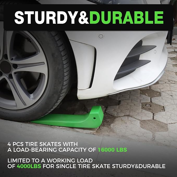 Tire Skates for Tow Truck 4-Pack 16,000lbs Heavy Duty Safety Green | Adjustable 3.2"-6.4" wide, rollback flatbed trailer compatible, 4000lbs per skate, durable plastic,wheel dolly system