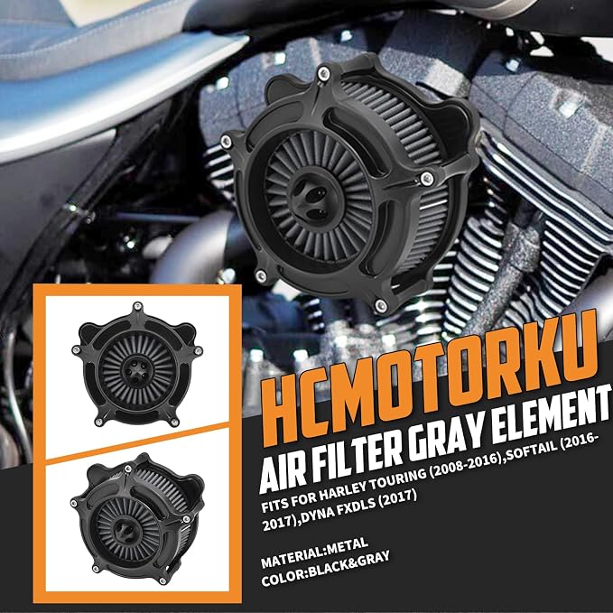 Air Cleaner Filter Aluminum Fit for Harley Touring Road King Street Glide Softail Sportster Dyna (Black Housing Grey Element, C For Touring 08-16,Softail 16-17,Trike 08-16)
