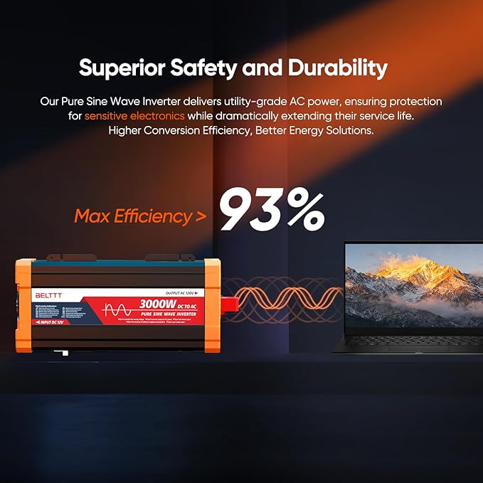 BELTTT 3000W Pure Sine Wave Inverter 12V DC to 120V AC for Solar, Off-Grid, RV, Truck, Home, Power Inverter with Dual AC, 20A Socket, 5V 2.1A USB, Hardwire Port, Remote Controller 23Ft Cable
