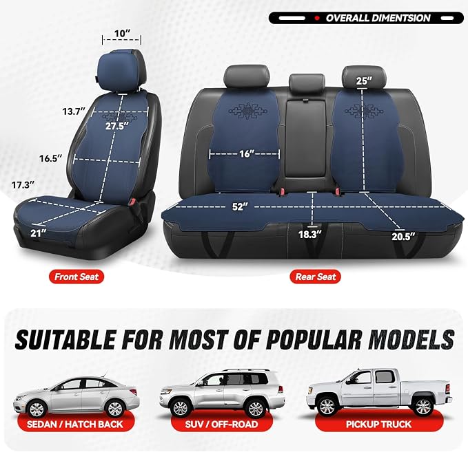 Auto Dynasty Car Seat Covers Full Set, Anti-Slip Automotive Interior Covers, Breathable and Comfort Car Seat Protectors, Airbag Compatible, Universal Fit Most Vehicles, Blue (Protex Plus Series)