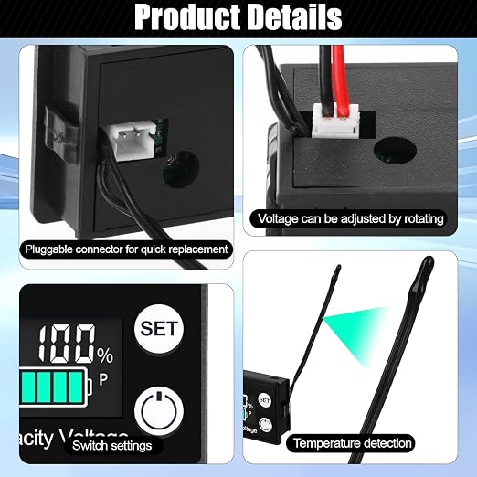 Kingdder 4 Pack Digital Battery Monitor for Golf Cart 8-100v, 12v 24v 36v 48v 60v 72v, LCD Display with Capacity Alarm & Temperature Sensor for Marine Boat/Car/Motorcycle Lithium Lead Acid Batteries