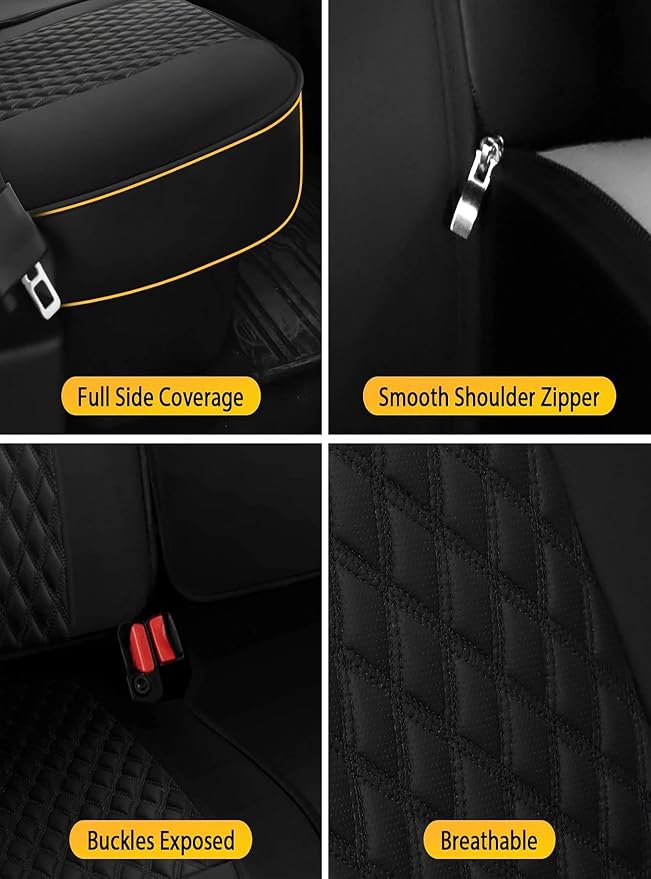 Octomo Custom Leather Seat Cover Full Set Compatible with Toyota Tacoma 2009 to 2024 TRD Sport Off Road TRD Pro Limited SR SR5 Package Access Double Extended Cab Pickup Truck (5 Pcs, Black)
