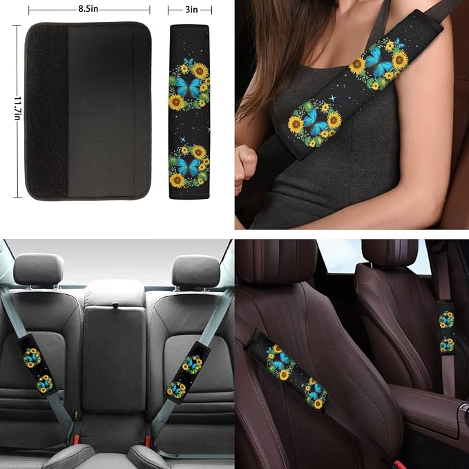 Suobstales 11 Pieces Car Accessories Set Sunflower Butterfly Seat Cover for Car, Universal Steering Wheel Cover +Seat Belt Pads+Cup Holder Coasters+Auto Keychains for Women Girly