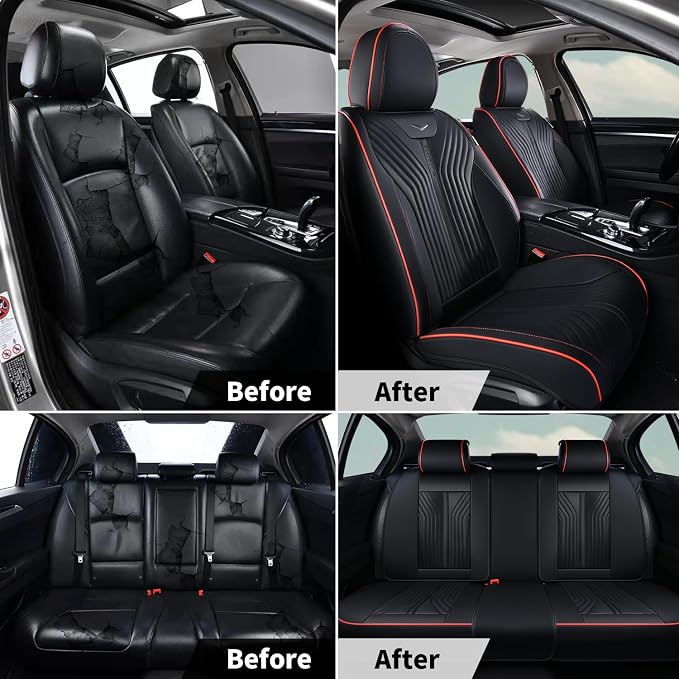 FLORICH Automotive Seat Covers Front Seats Leather Car Seat Cover Waterproof Breathable Car Seat Cushion Protector Universal Fit for Most Cars Trucks SUV, Black&Red Line