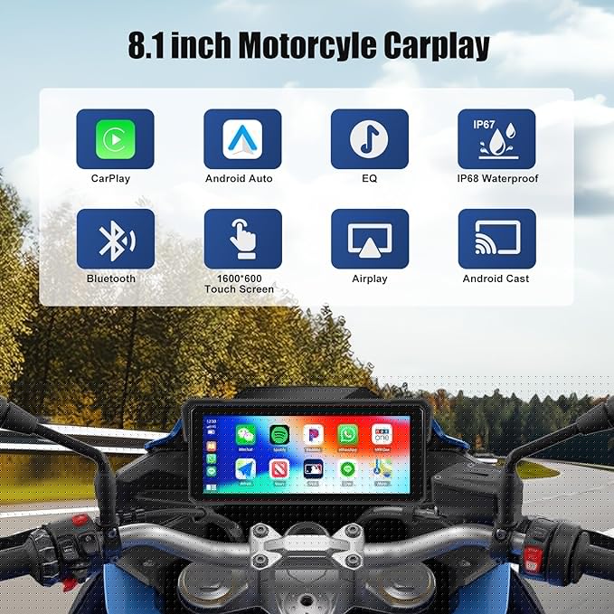 Motorcycle GPS Navigation System with Wireless Carplay Android Auto 8.1" Moto CarPlay Screen with Dual Bluetooth, Navigation/Siri/G00gle Assistant Waterproof
