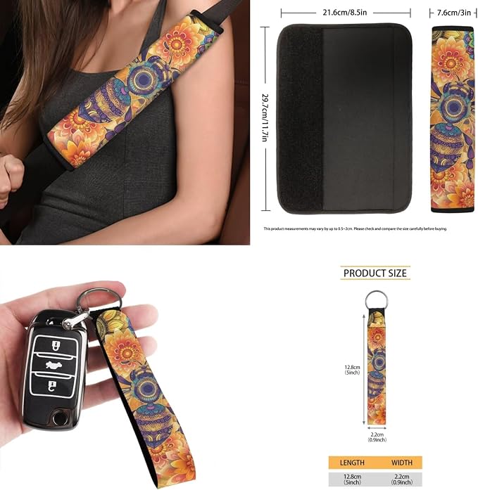 Boho Floral Bee Auto Interior Accessories Car Seat Covers with Auto Steering Wheel Cover Seat Belt Covers Car Trash Can View Mirror Cover Coaster Keychains