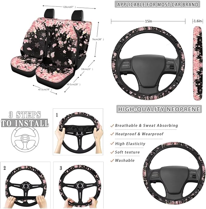 Suobstales Cherry Blossom Print Car Seat Covers Set of 13 with Universal Steering Wheel Cover, Rearview Mirror Cover, Car Trash Can, Seatbelt Pads, Cup Holder Coasters, Keychains